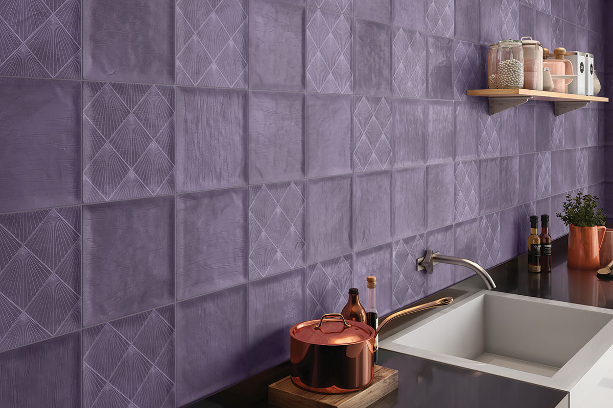 A close-up of a TL 04158 Purple 200x200 mm Glossy Finish Ceramic Wall  Subway Tile - 8 mm  with a Glossy finish available at Material Depot in Bangalore